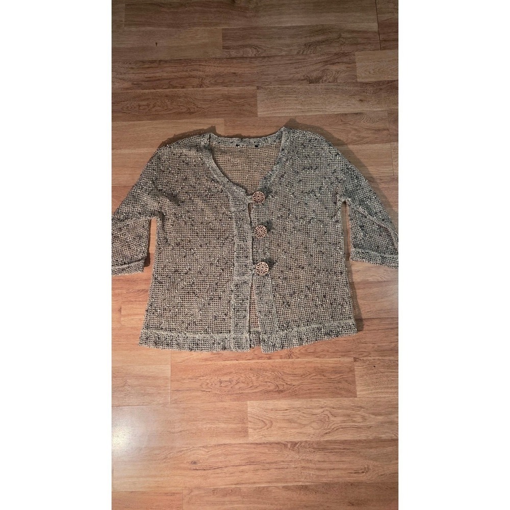 Unbranded Open Knit Mesh Cardigan Grey Marled Wooden Button Sweater V-Neck